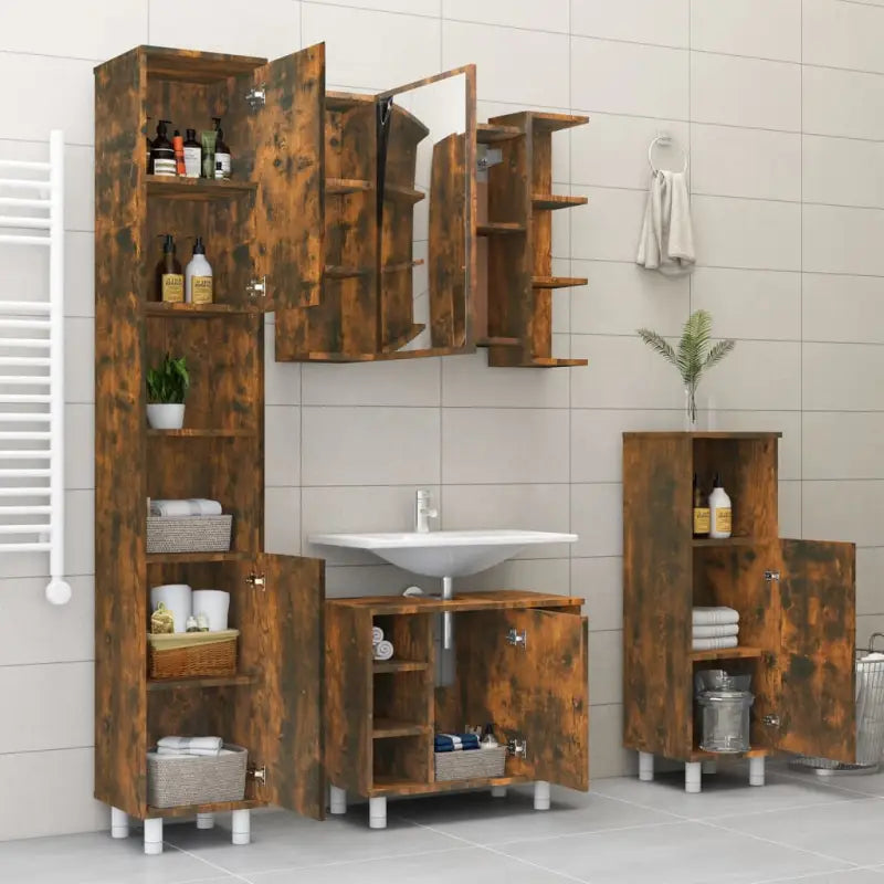 Badkamerkaptafels met spiegel in gerookt eiken bewerkt hout - Badkamerkaptafels