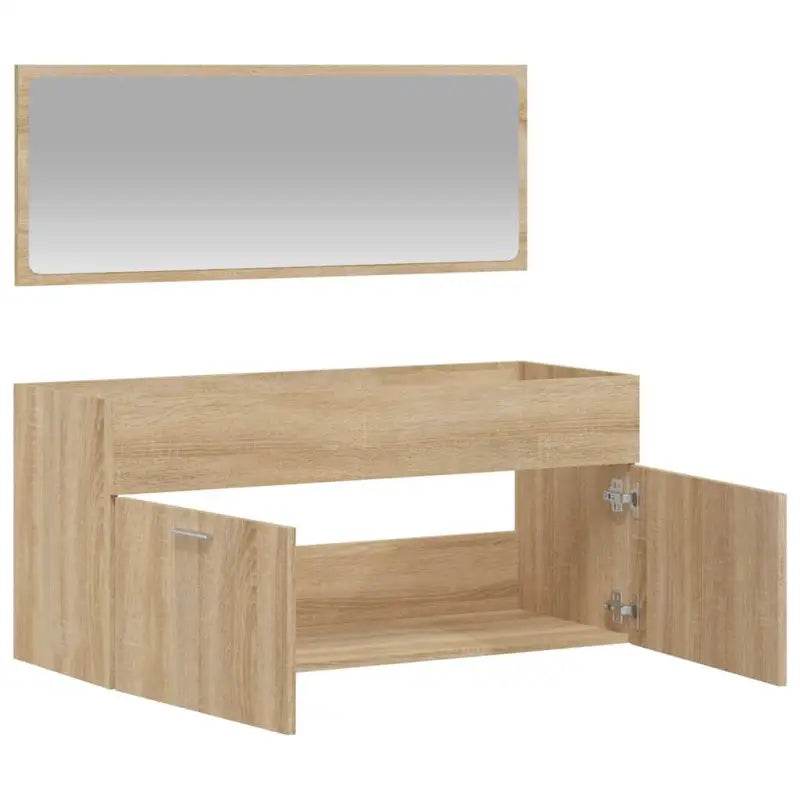Badkamermeubelset met bewerkt hout en minimalistische spiegel - Badkamermeubelsets
