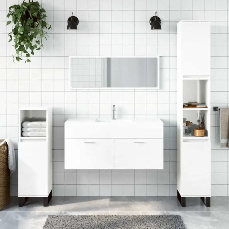 Badkamermeubelset met bewerkt hout en minimalistische spiegel - Hoogglans wit - Badkamermeubelsets