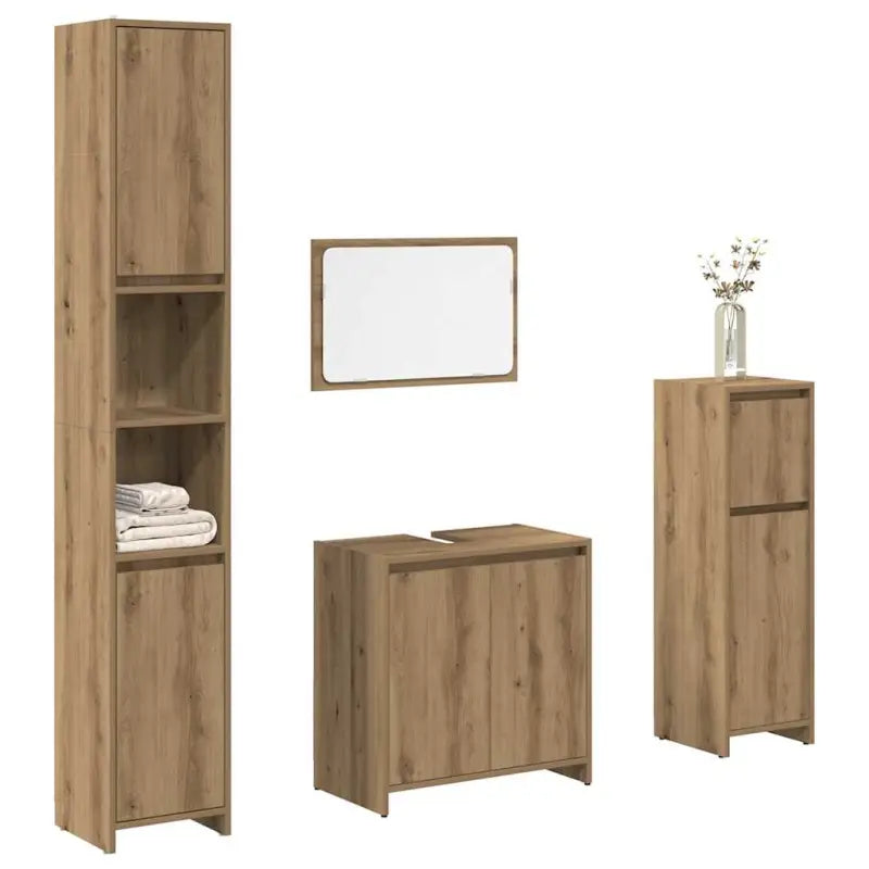 Badkamermeubelset met bewerkt hout en opbergruimte met hoge en medium kast - artisanaal eikenkleurig