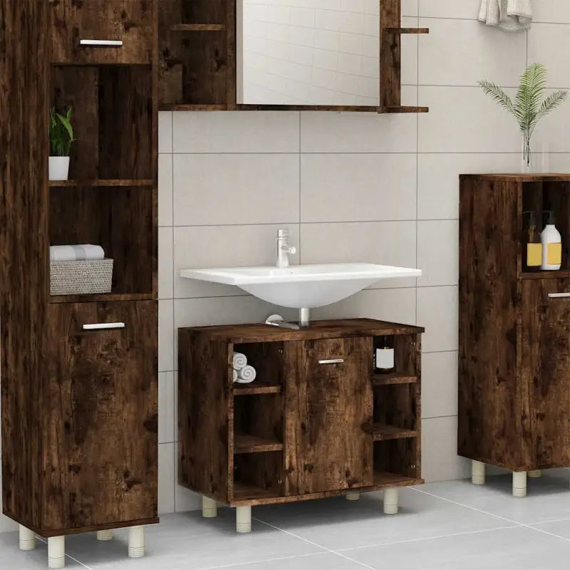 Badkamermeubelset met bewerkt hout voor extra opbergruimte - Gerookt eiken - Badkamermeubelsets