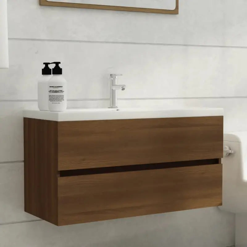 Badkamermeubelset met gootsteenkast van bewerkt hout voor extra opbergruimte - bruin eikenkleur / 90 x 38.5 x 45 cm
