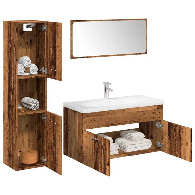 Badkamermeubelset met hoge kast en strak ontwerp past perfect - Oud hout / 90 x 38.5 x 46 cm - Badkamermeubelsets