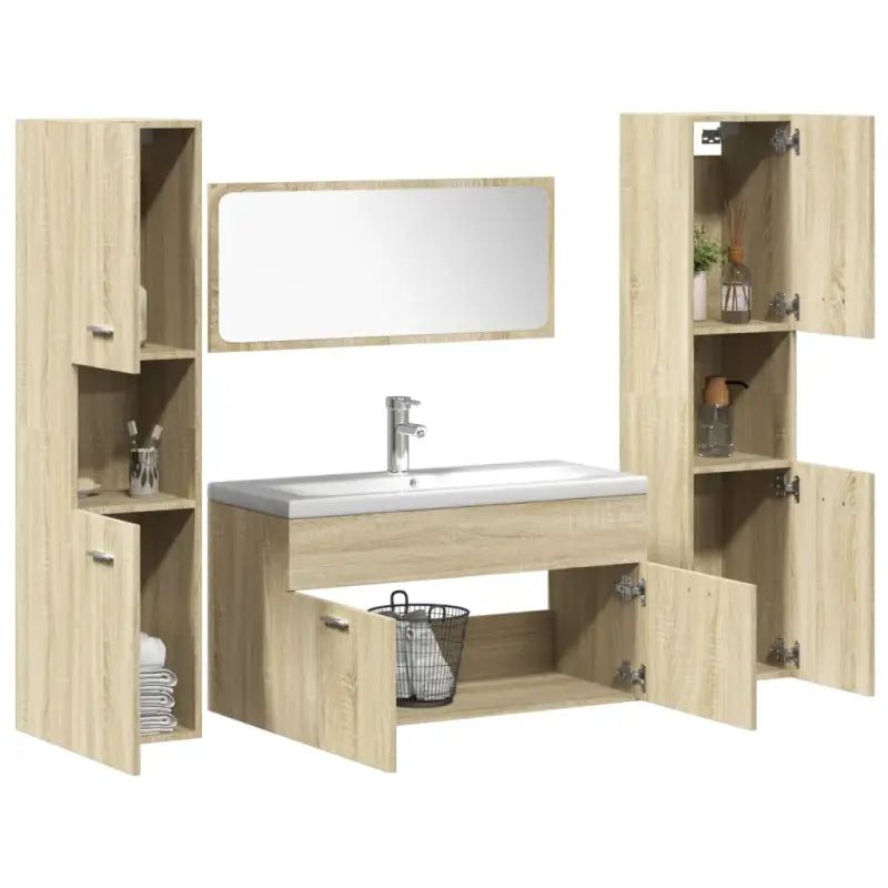 Badkamermeubelset met hoge kast en strak ontwerp past perfect - Sonoma eiken / 90 x 38.5 x 46 cm + 30 x 30 x 130 cm