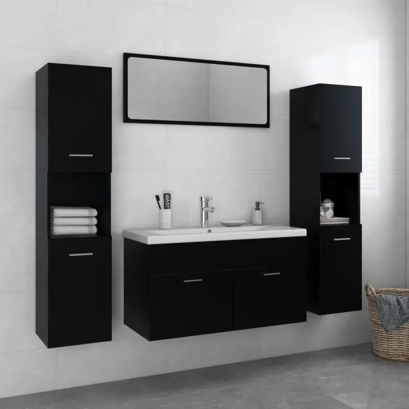 Badkamermeubelset met hoge kast en strak ontwerp past perfect - Zwart / 90 x 38.5 x 46 cm - Badkamermeubelsets