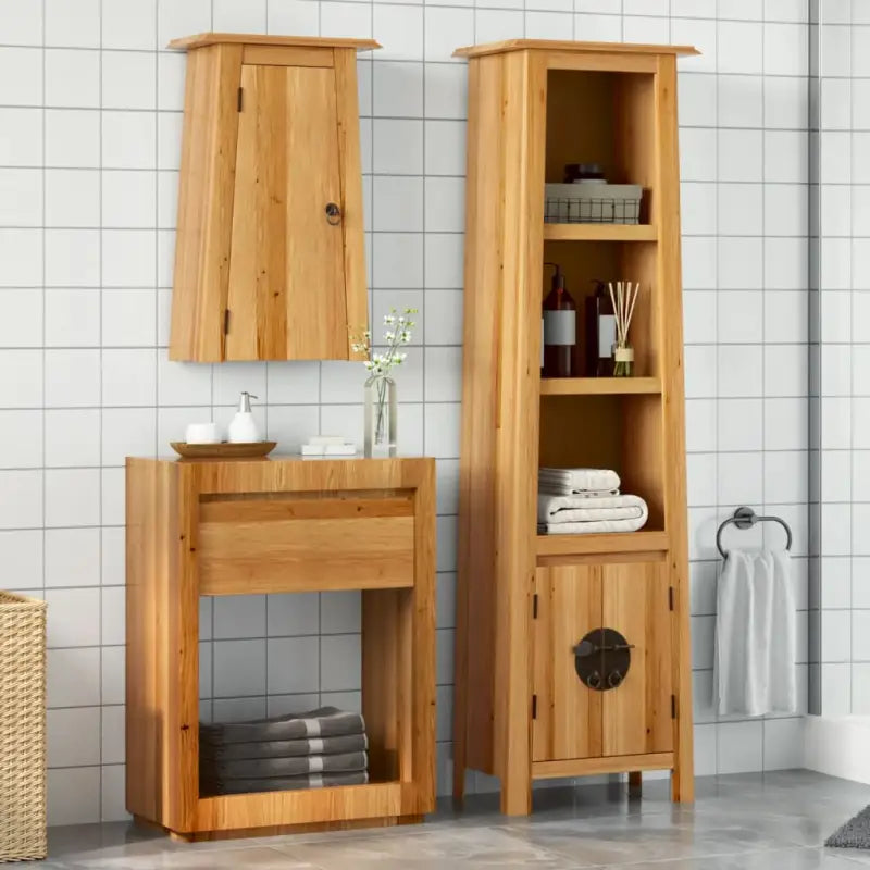 Badkamermeubelset met muur gemonteerd van massief grenenhout - Hoge kast + muurkast - Badkamermeubelsets