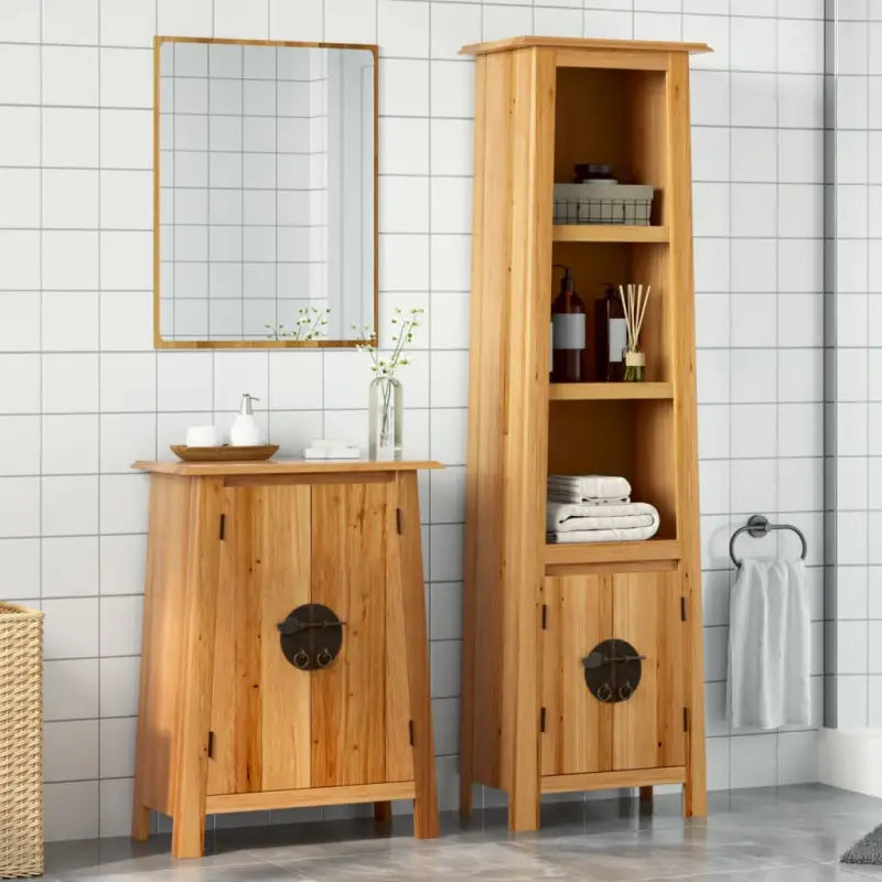 Badkamermeubelset met muur gemonteerd van massief grenenhout - Hoge kast + bijzetkast - Badkamermeubelsets