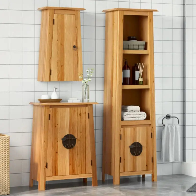 Badkamermeubelset met muur gemonteerd van massief grenenhout - Hoge kast + bijzetkast + muurkast - Badkamermeubelsets