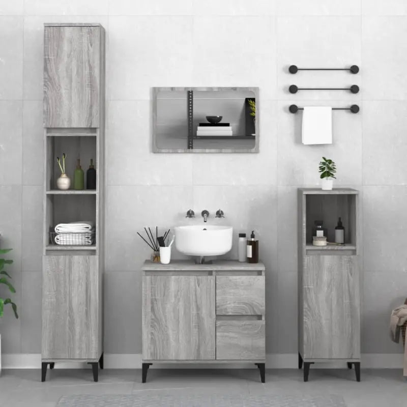 Badkamermeubelset met opbergruimte en duurzame bewerkte hout materialen - Grijs sonoma - Badkamermeubelsets