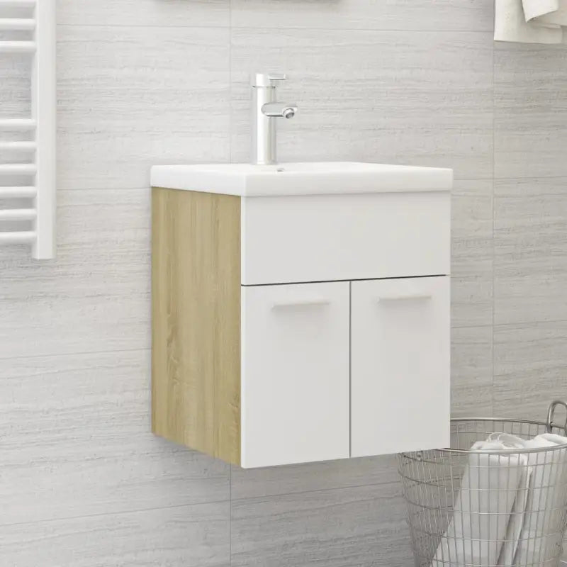 Badsmeubelset met gootsteenkast van bewerkt hout voor extra opbergruimte - Wit en sonoma eiken / 41 x 38.5 x 46 cm