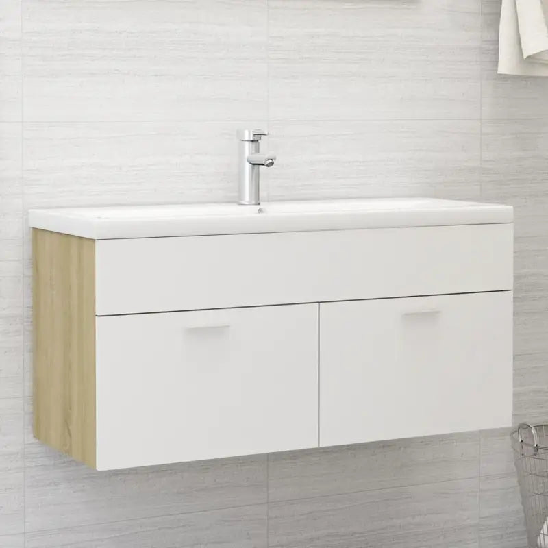 Badsmeubelset met gootsteenkast van bewerkt hout voor extra opbergruimte - Wit en sonoma eiken / 100 x 38.5 x 46 cm