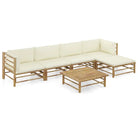 Bamboe tuin loungeset met comfortabele diepte zitting - Crème / 2x midden + 2x hoek + voetensteun + Tafel - Tuinsets
