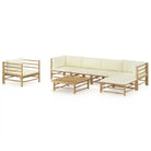 Bamboe tuin loungeset met comfortabele diepte zitting - Crème / 2x hoek + 2x midden + Fauteuil + voetensteun + Tafel