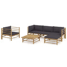 Bamboe tuin loungeset met comfortabele diepte zitting - Donkergrijs / 2x hoek + midden + Fauteuil + voetensteun + Tafel
