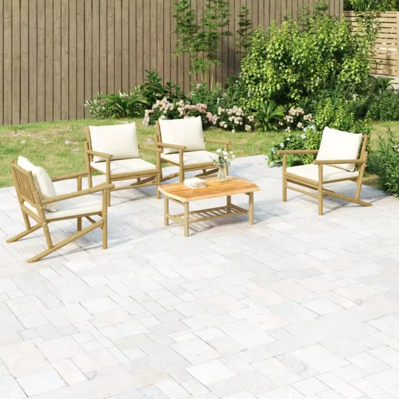 Bamboe tuinset met natuurlijke afwerking en afmetingen voor buitenruimte - Crèmewit / 4x stoel + tafel - Tuinsets