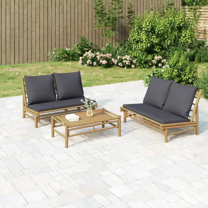 Bamboe tuinsets met natuurlijke afwerking en handige afmetingen - Donkergrijs / 2x Bank + Tafel - Tuinsets