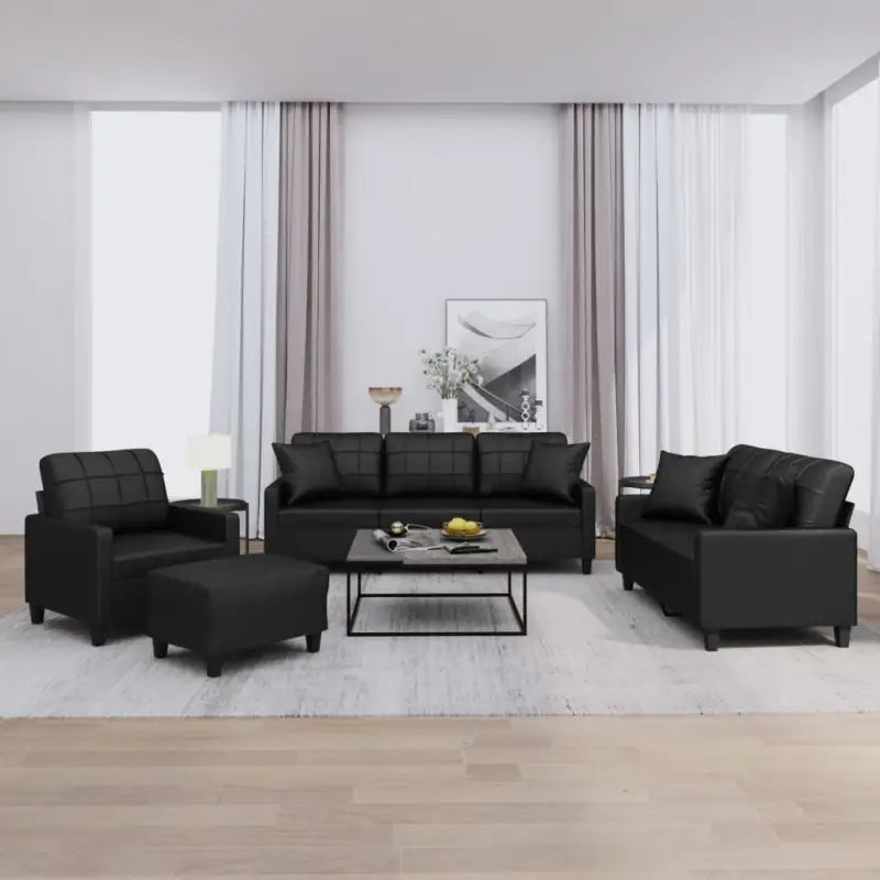 Banken loungeset met ruime totale afmetingen en comfortabele breedte zitting - Zwart / met kussens en voetenbankje