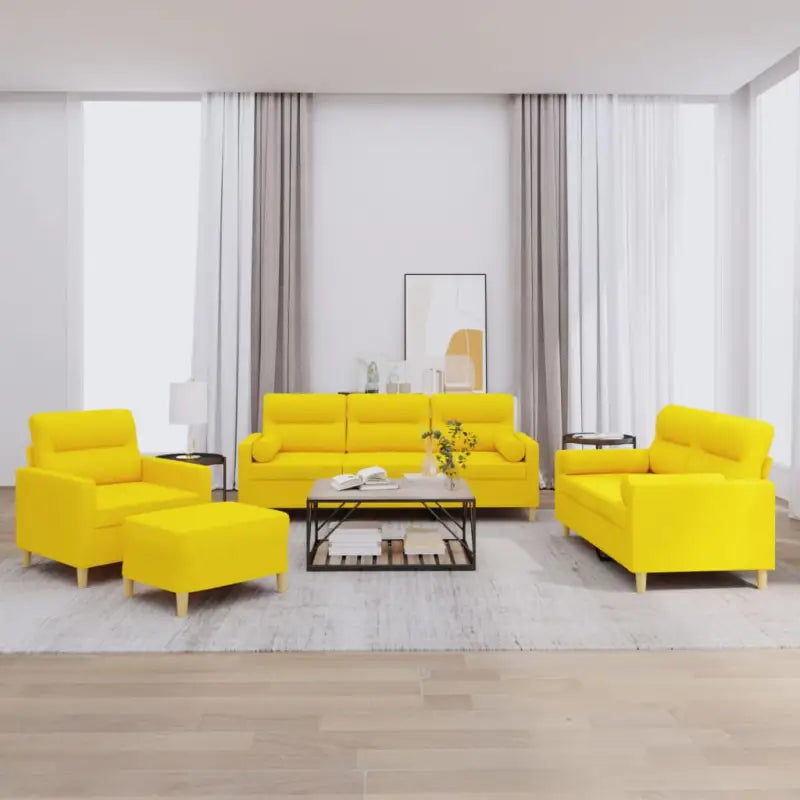 Banken loungeset met ruime totale afmetingen en comfortabele breedte zitting - Lichtgeel / met kussens en voetenbankje