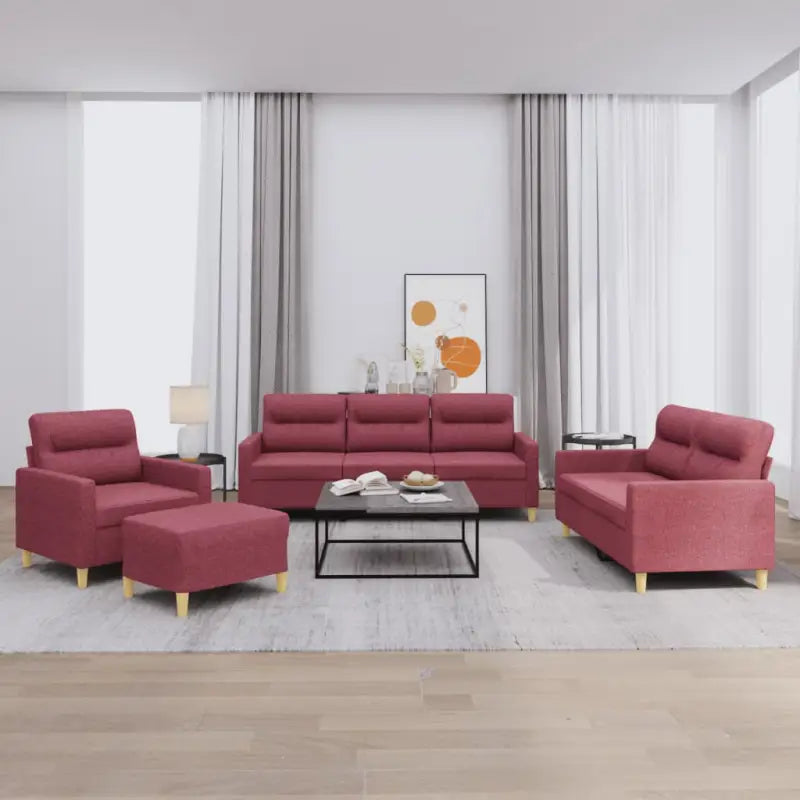 Banken loungeset met ruime totale afmetingen en comfortabele breedte zitting - Wijnrood / met kussens en voetenbankje