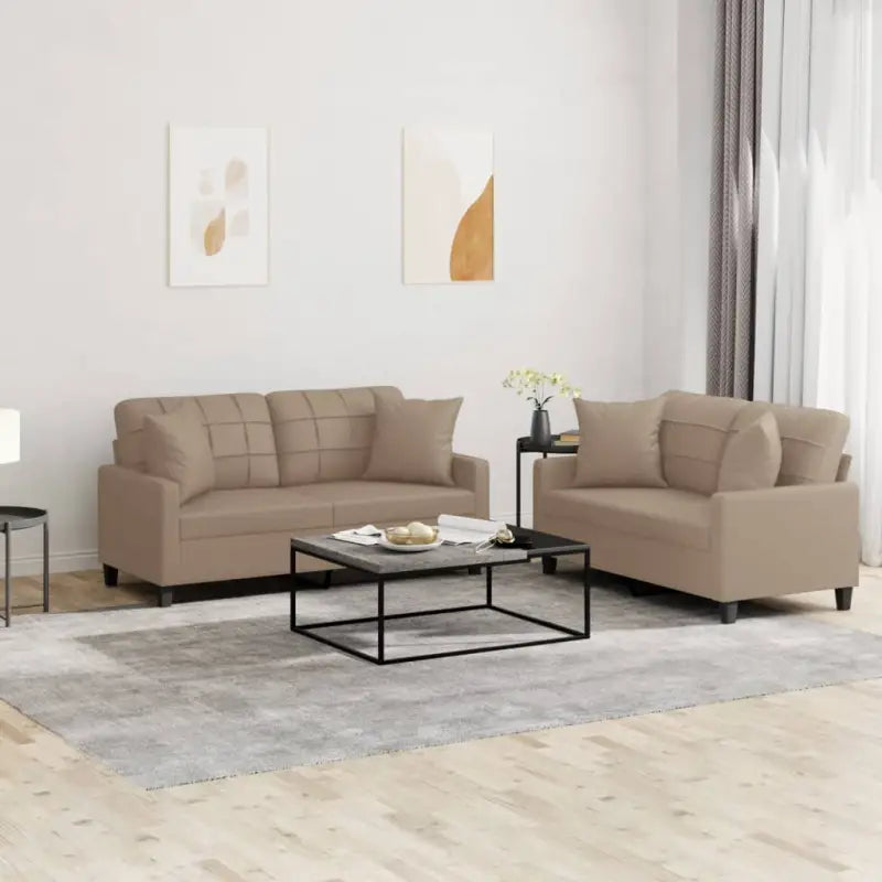 Banken loungeset met totale afmetingen en duurzame kunstleer - Cappuccino / met kussens - Banken