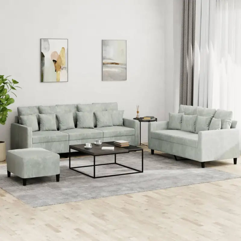 Banken loungeset met zachte fluweel bekleding en comfortabele totale afmetingen - Lichtgrijs / met kussens