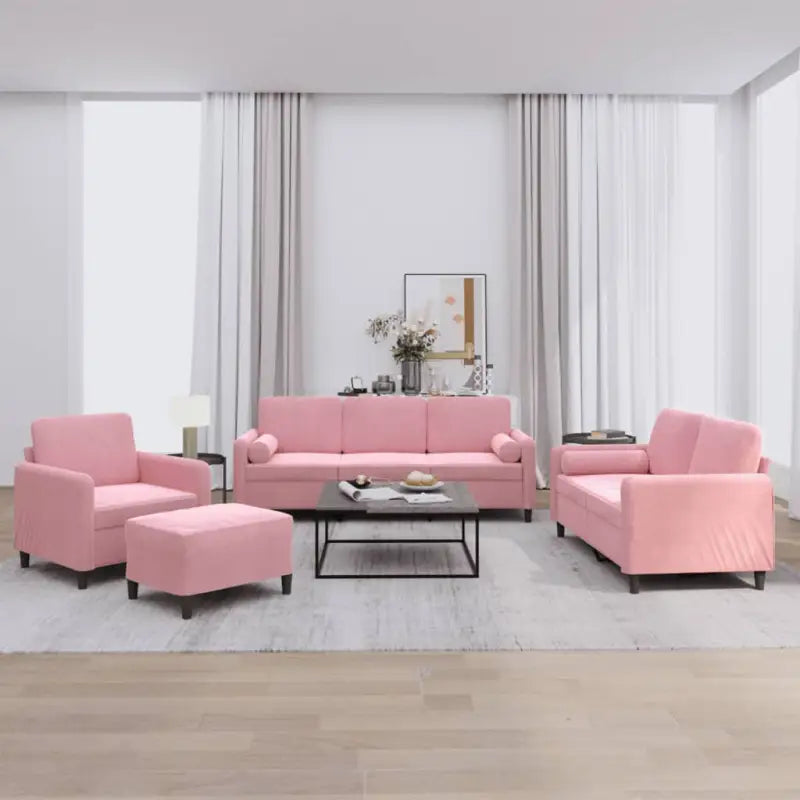 Banken loungeset met zachte fluweel en ideale totale afmetingen - Roze / met kussens en voetenbankje - Banken