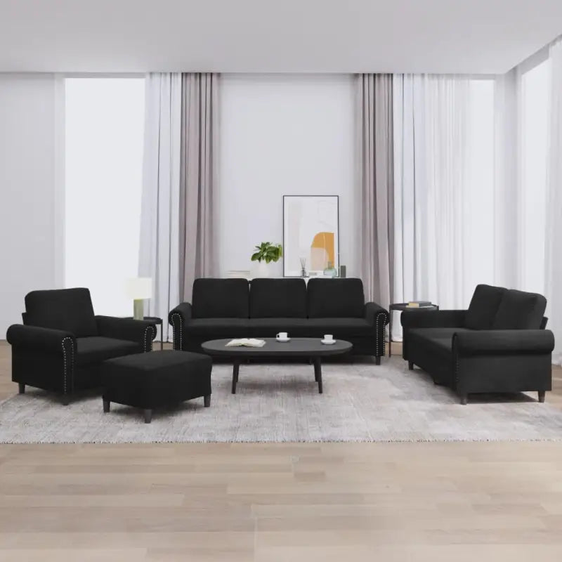 Banken loungeset met zachte fluweel stof en perfecte totale afmetingen - Zwart / Met voetenbank - Banken