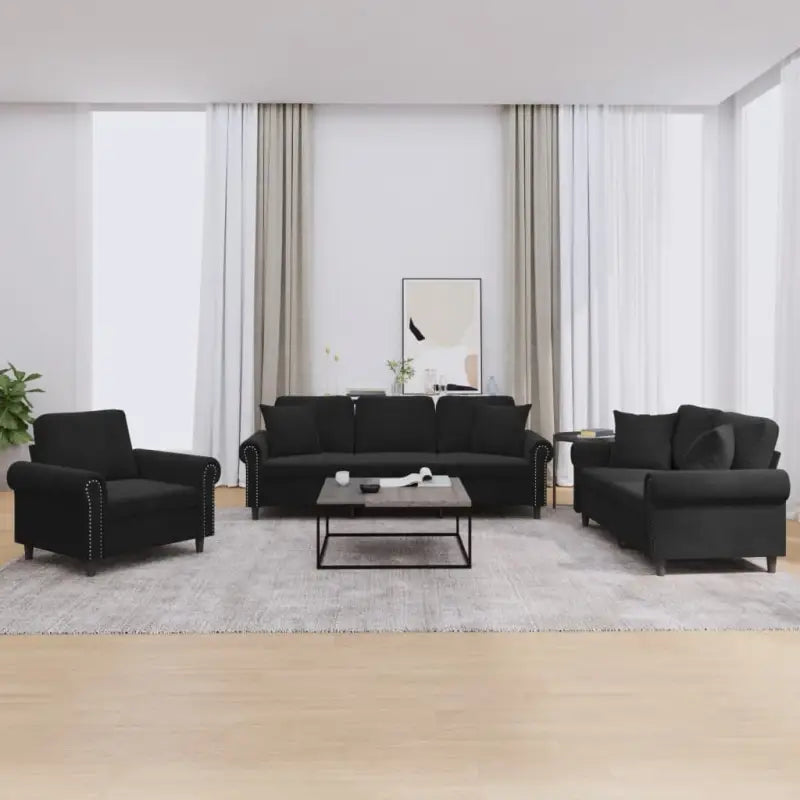 Banken loungeset met zachte fluweel stof en perfecte totale afmetingen - Zwart / met kussens - Banken