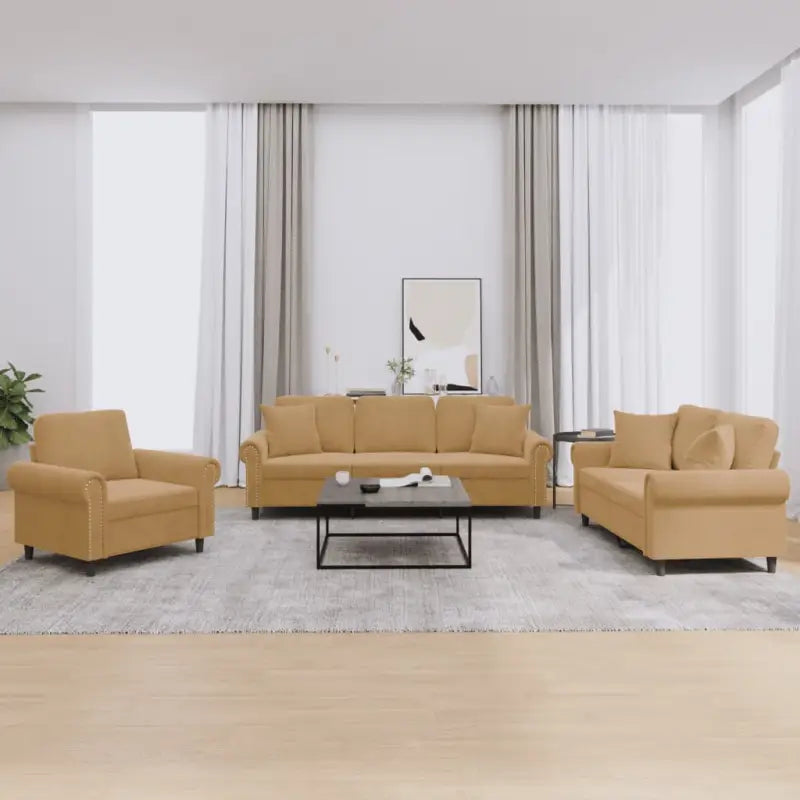 Banken loungeset met zachte fluweel stof en perfecte totale afmetingen - Bruin / met kussens - Banken
