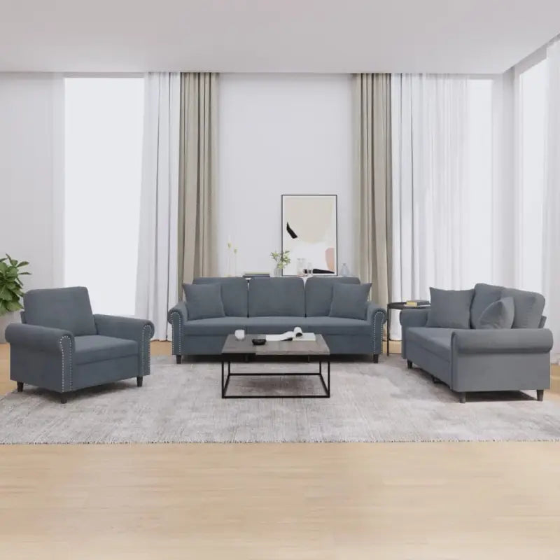 Banken loungeset met zachte fluweel stof en perfecte totale afmetingen - Donkergrijs / met kussens - Banken
