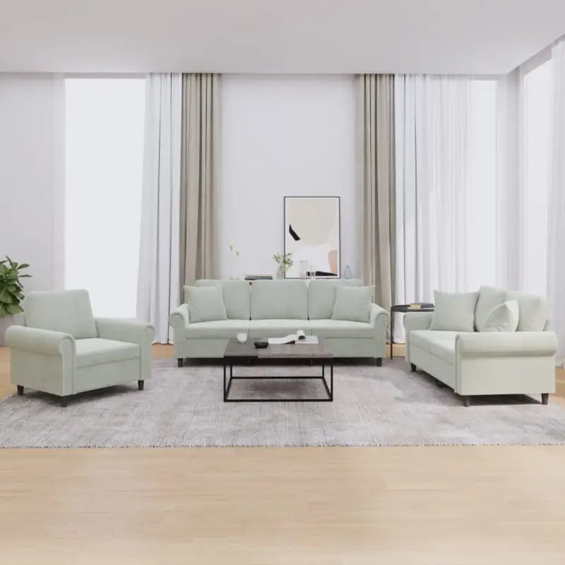 Banken loungeset met zachte fluweel stof en perfecte totale afmetingen - Lichtgrijs / met kussens - Banken