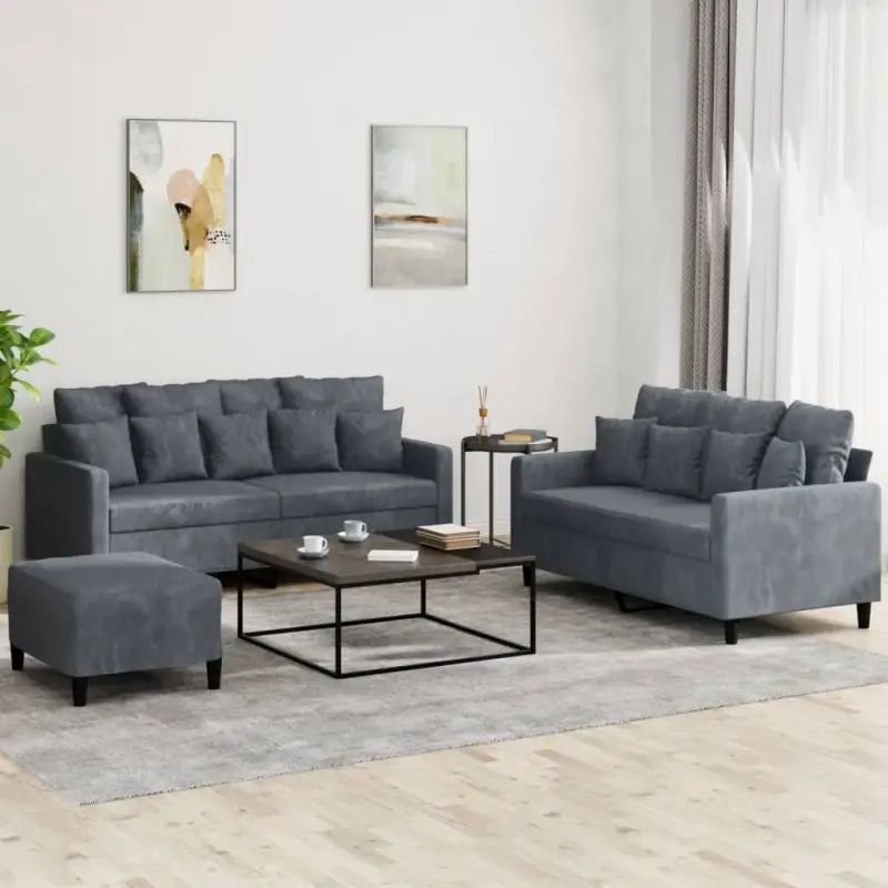 Banken loungeset met zachte fluweelstof en comfortabele diepte zitting - Donkergrijs / met kussens en voetenbankje