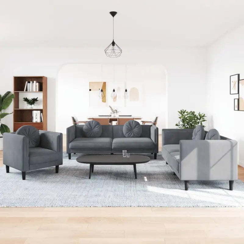 Banken loungeset met zachte fluweelstof en comfortabele totale afmetingen - Donkergrijs / 1-zits + 2-zits + 3-zits