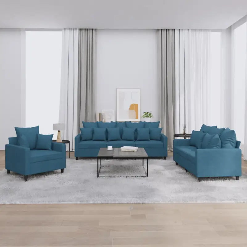 Banken loungeset met zachte fluweelstof en comfortabele zitmaten - Blauw / met kussens - Banken
