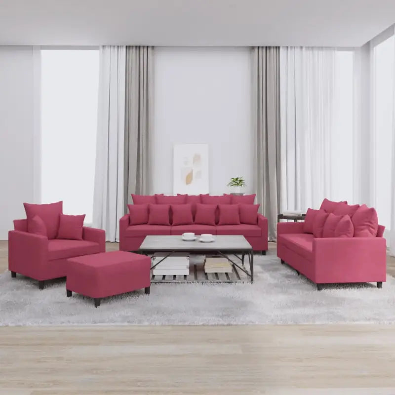 Banken loungeset met zachte fluweelstof en comfortabele zitmaten - Wijnrood / met kussens en voetenbankje - Banken
