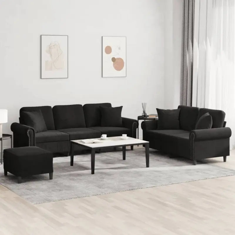 Banken loungeset met zachte fluweelstof en elegante totale afmetingen - Zwart / met kussens en voetenbankje - Banken