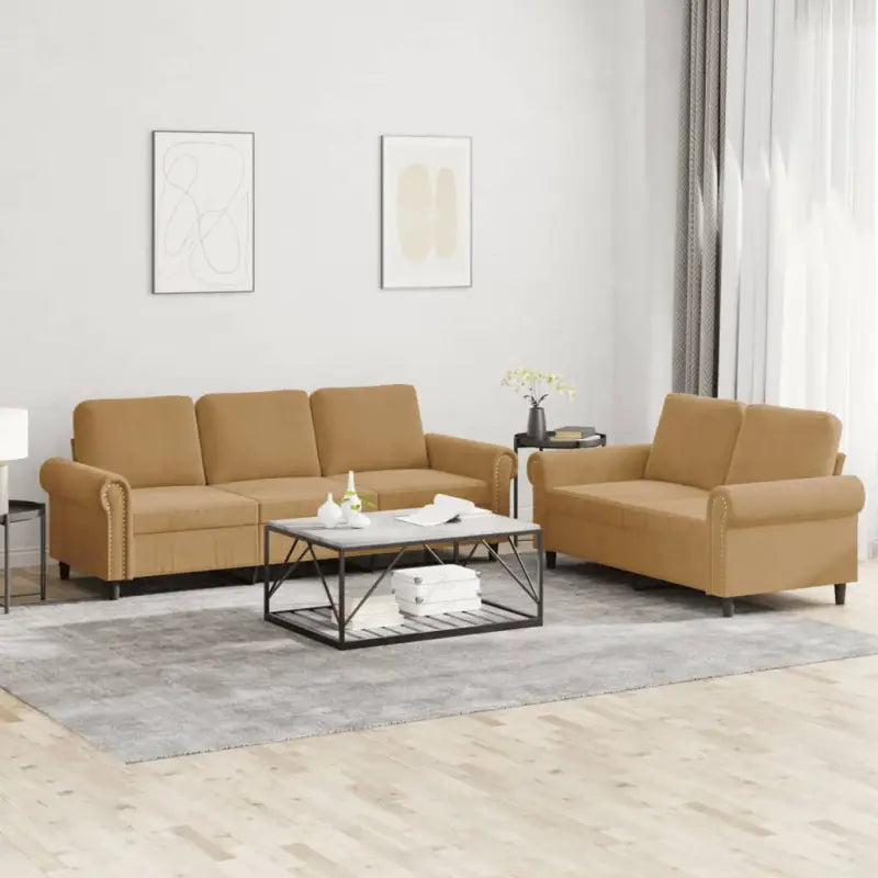 Banken loungeset met zachte fluweelstof en elegante totale afmetingen - Bruin / Zonder voetenbank - Banken
