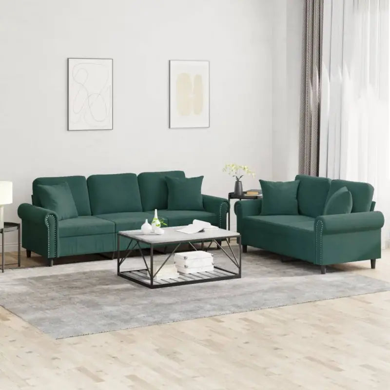 Banken loungeset met zachte fluweelstof en elegante totale afmetingen - Donkergroen / met kussens - Banken