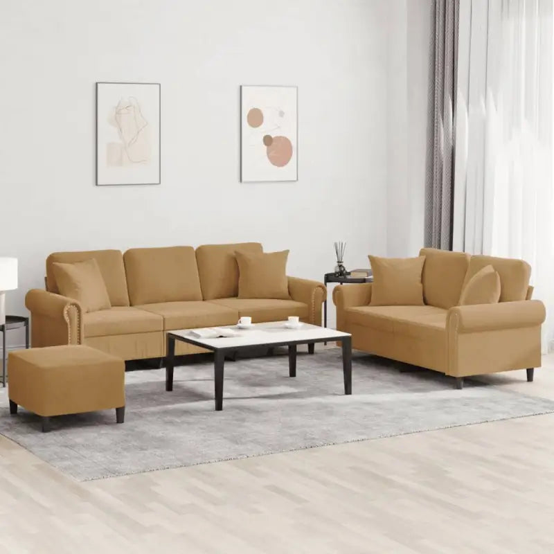 Banken loungeset met zachte fluweelstof en elegante totale afmetingen - Bruin / met kussens en voetenbankje - Banken
