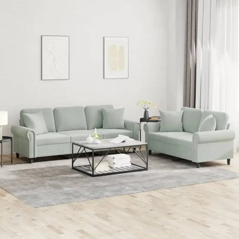 Banken loungeset met zachte fluweelstof en elegante totale afmetingen - Lichtgrijs / met kussens - Banken