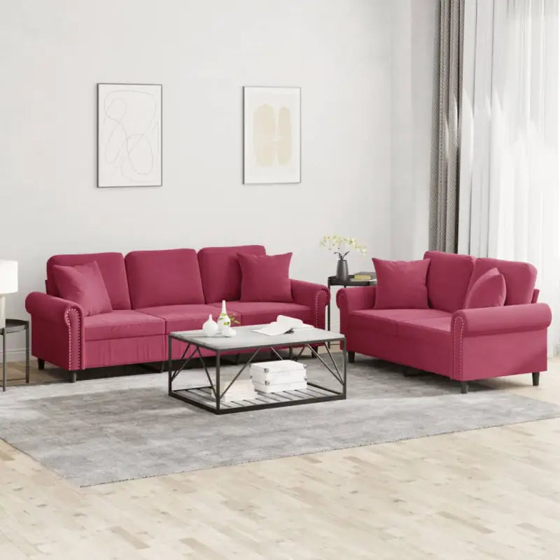 Banken loungeset met zachte fluweelstof en elegante totale afmetingen - Wijnrood / met kussens - Banken