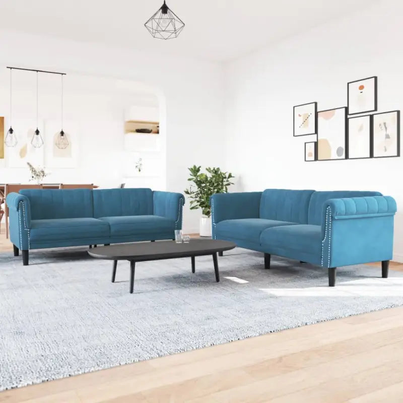 Banken loungeset met zachte fluwelen stof voor comfortabele ontspanning - Blauw / 2-zits + 3-zits - Banken