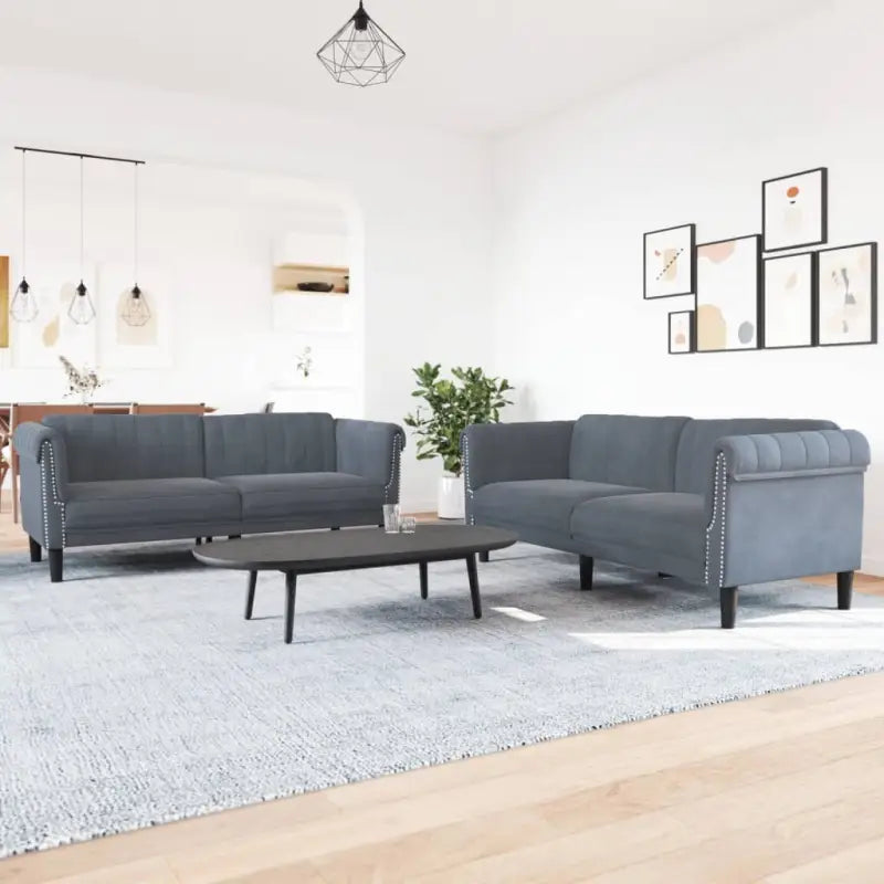 Banken loungeset met zachte fluwelen stof voor comfortabele ontspanning - Donkergrijs / 2-zits + 3-zits - Banken