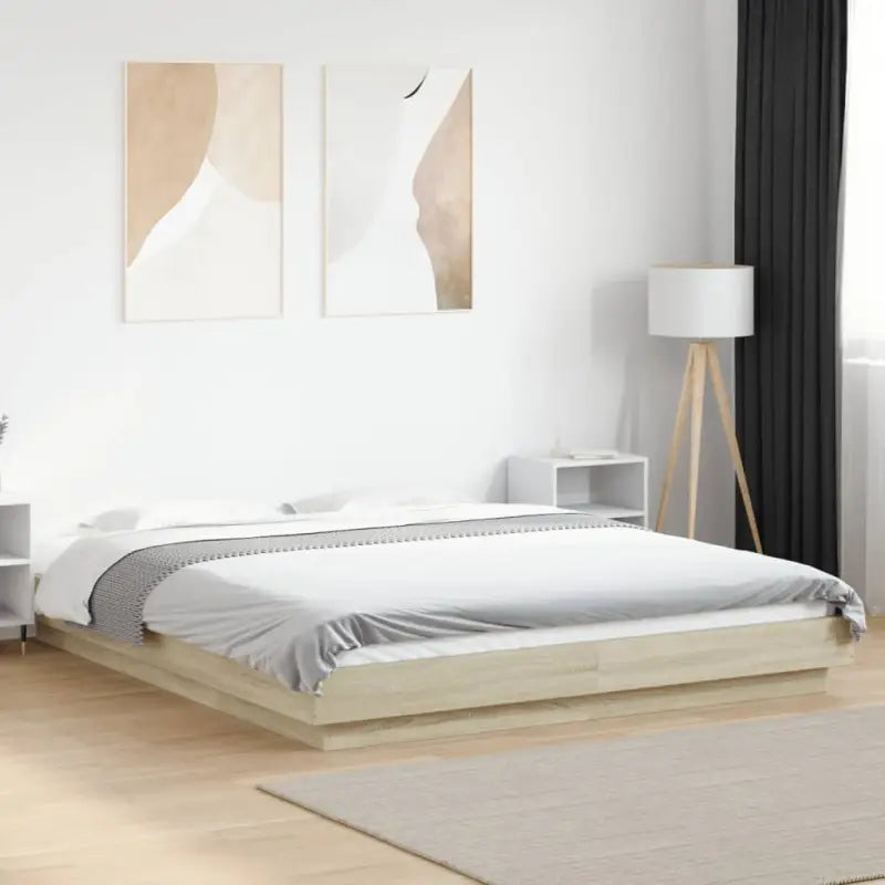 Bed met RGB LED-verlichting en bewerkt hout voor een stabiele nachtrust - Sonoma eiken / 160 x 200 cm - Bedden &