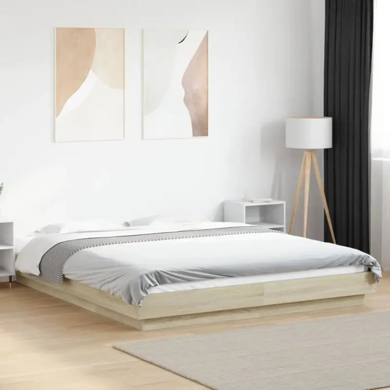 Bed met RGB LED-verlichting en bewerkt hout voor een stabiele nachtrust - Sonoma eiken / 150 x 200 cm - Bedden &