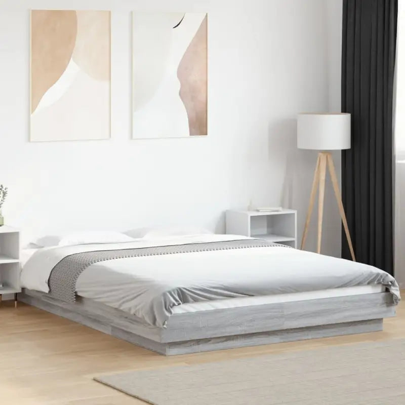 Bed met RGB LED-verlichting en bewerkt hout voor een stabiele nachtrust - Grijs sonoma / 120 x 200 cm - Bedden &