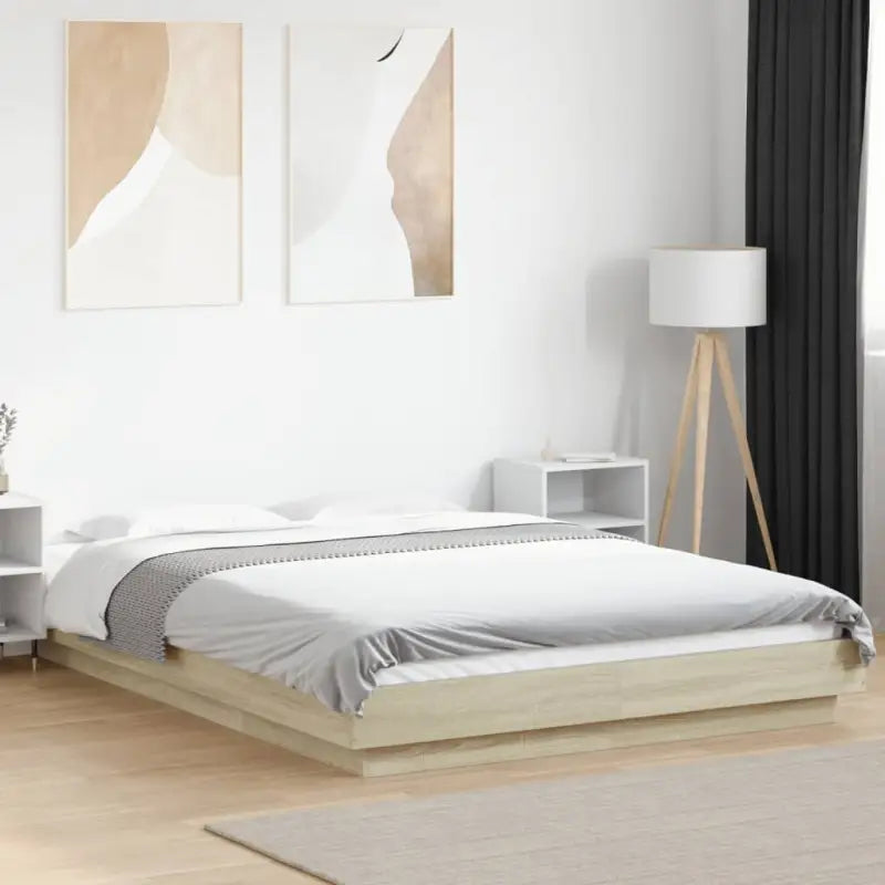 Bed met RGB LED-verlichting en bewerkt hout voor een stabiele nachtrust - Sonoma eiken / 140 x 200 cm - Bedden &