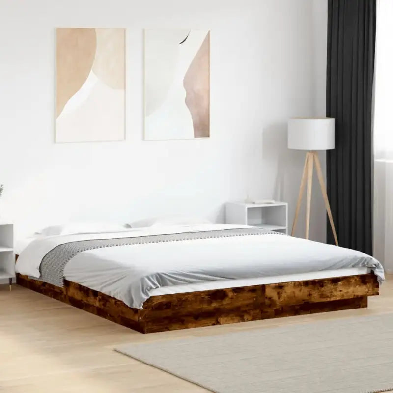 Bed met RGB LED-verlichting en bewerkt hout voor een stabiele nachtrust - Gerookt eiken / 160 x 200 cm - Bedden &