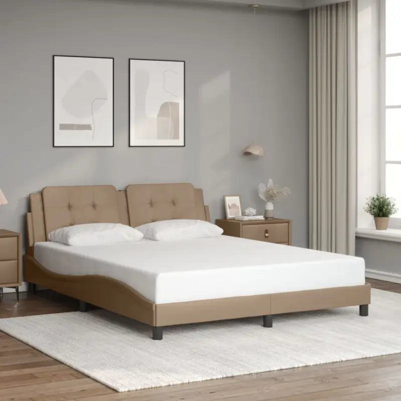 Bedframe met hoofdeinde in grijs materiaal en multiplex lattenbodem - Cappuccino / 160 x 200 cm - Bedden & bedframes