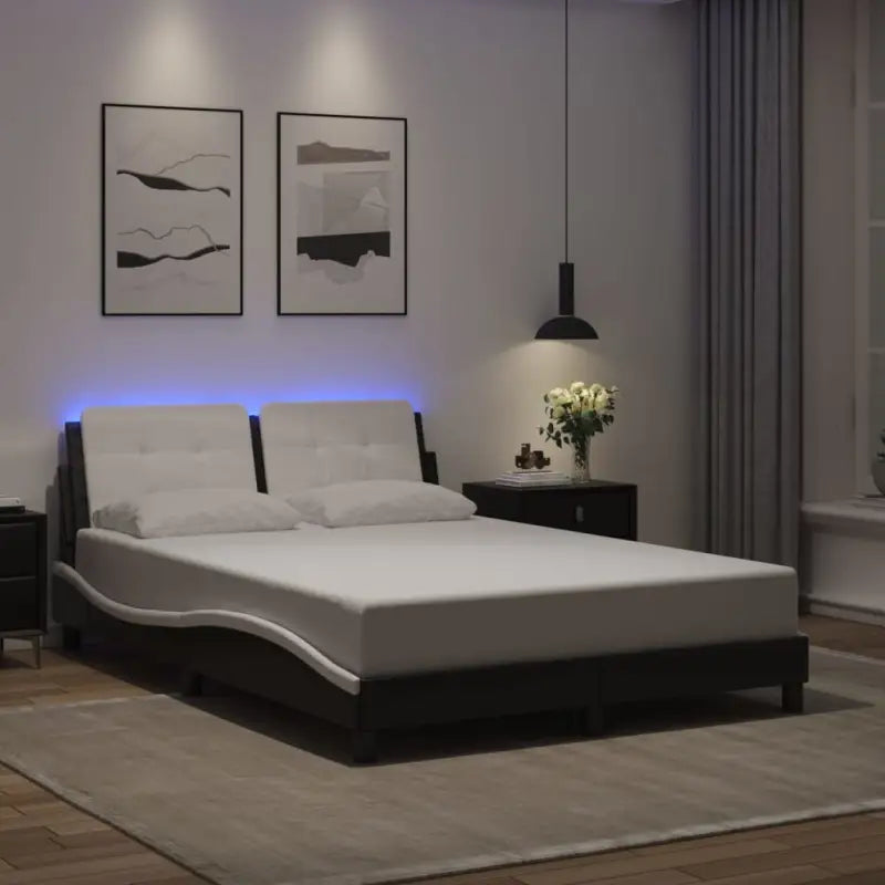 Bedframe met LED-verlichting en multiplex lattenbodem in wit materiaal - Zwart en wit / 120 x 200 cm - Bedden &
